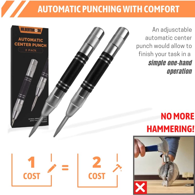 HILBERTBROOK Automatic Center Punch 5 Inch Spring Loaded Center Punch Adjustable Tension Punch Tool for Metal Wood Glass Plastic 2 Pack - Image 4